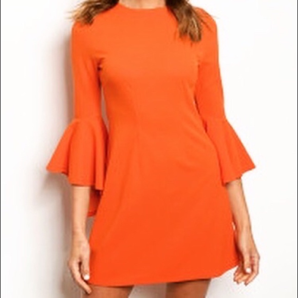 Orange 3/4th Flare Sleeve Closed Neck Sheath Dress